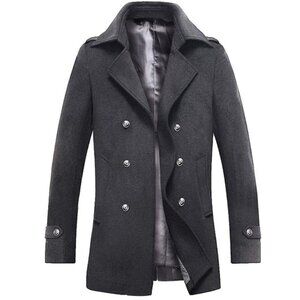 Men's Wool Peacoat Winter Buttons Jacket Windproof Classic Pea Coat